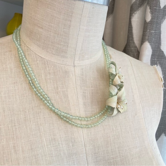 Light Sea Glass Green beaded Strands & Lilies with Faux Pearl Necklace - Picture 4 of 5